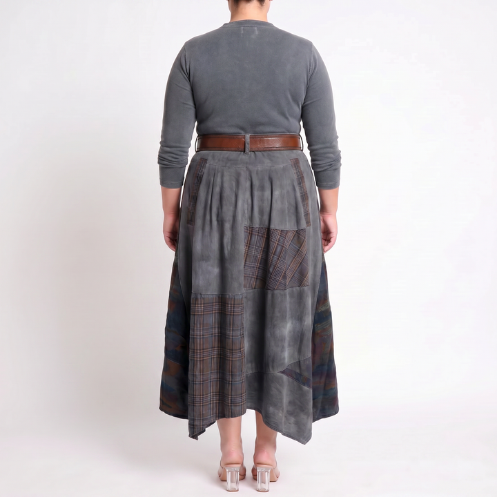 Leonora | Vintage Long Dress in Navy Blue Suede Check (Includes Belt)