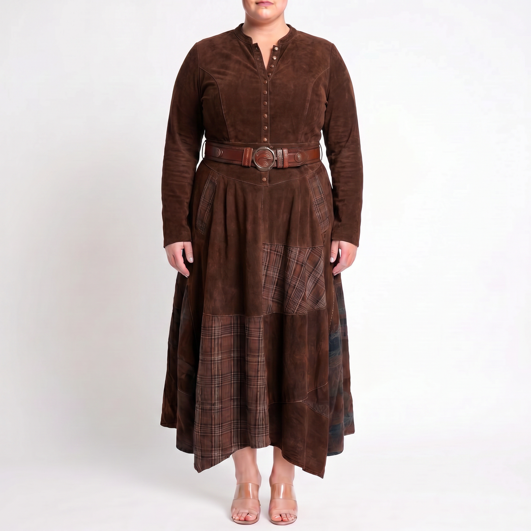 Leonora | Vintage Long Dress in Navy Blue Suede Check (Includes Belt)