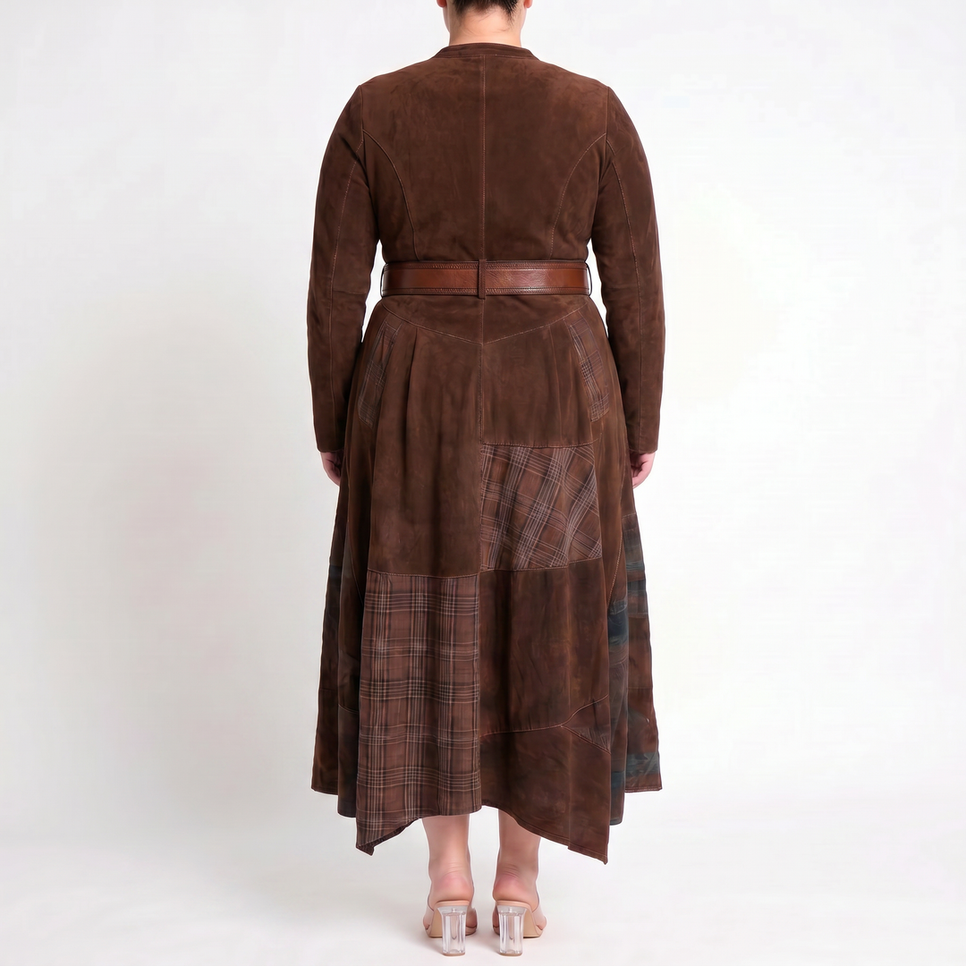 Leonora | Vintage Long Dress in Navy Blue Suede Check (Includes Belt)