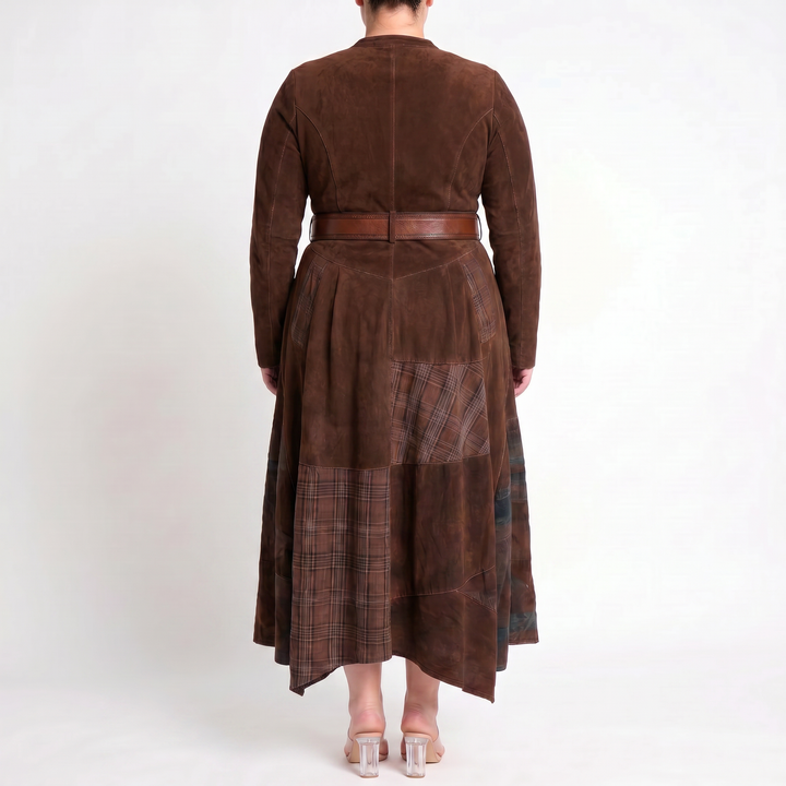 Leonora | Vintage Long Dress in Navy Blue Suede Check (Includes Belt)