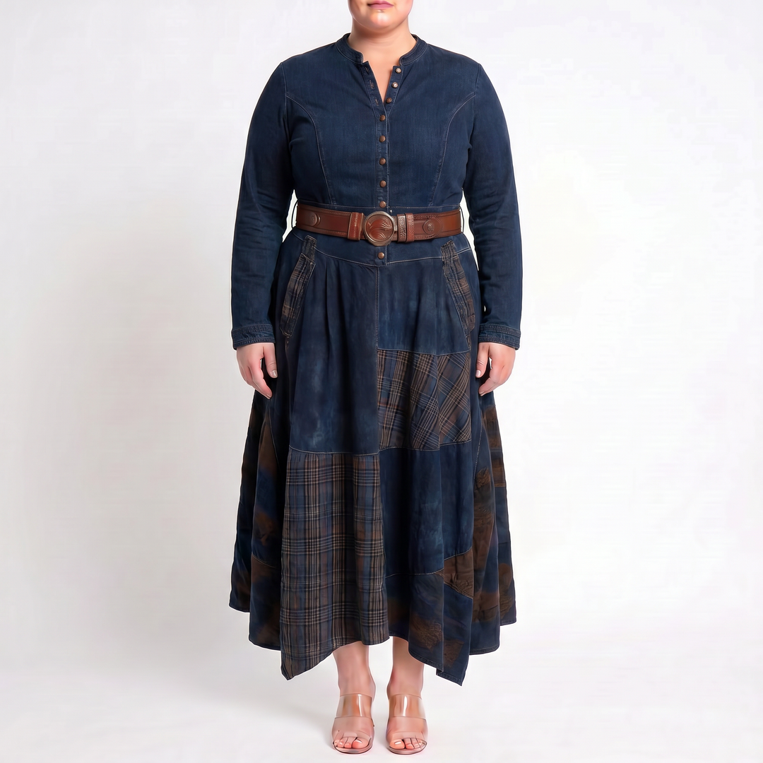 Leonora | Vintage Long Dress in Navy Blue Suede Check (Includes Belt)