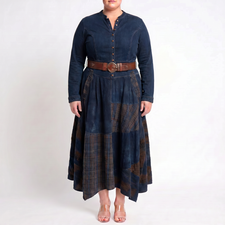 Leonora | Vintage Long Dress in Navy Blue Suede Check (Includes Belt)