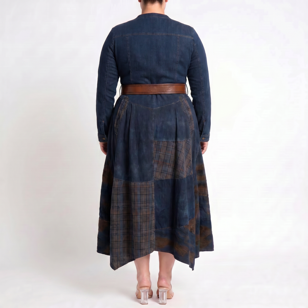 Leonora | Vintage Long Dress in Navy Blue Suede Check (Includes Belt)