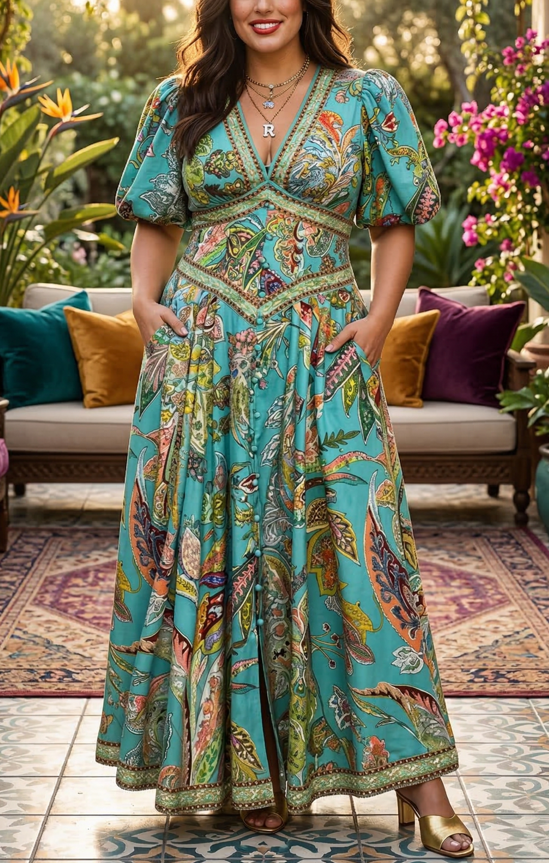 Amelia Quinn | Airy maxi dress with puff sleeves and V-neck