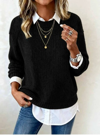 Laluna® | Sweater With Shirt Collar And Patchwork Design