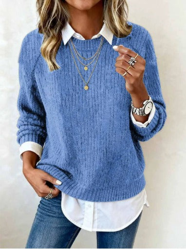 Laluna® | Sweater With Shirt Collar And Patchwork Design